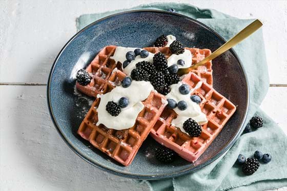 Waffles with blackberries and blueberries
