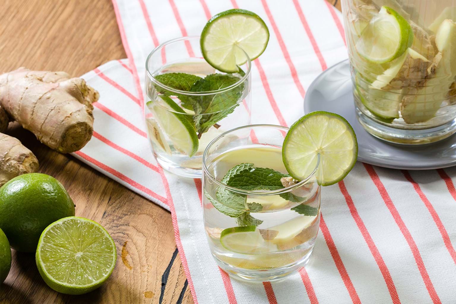 Fruit water with ginger, lime and mint