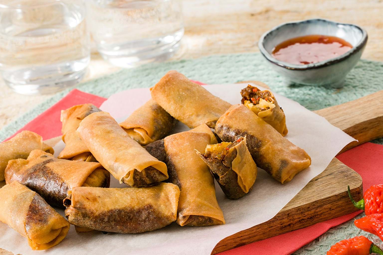 Home-made spicy filo spring rolls