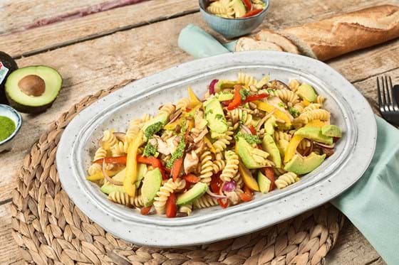 Pasta salad with avocado and chicken